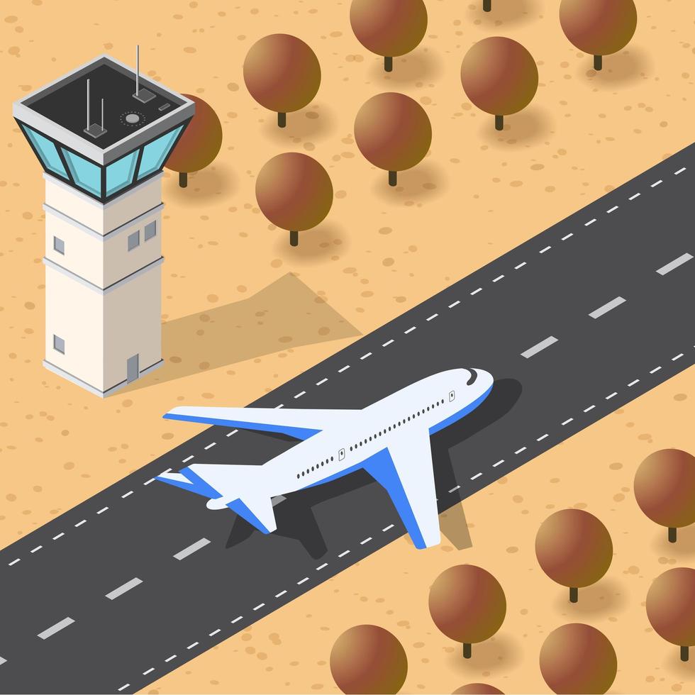 aeropuerto de la ciudad de otoño de ilustración 3d isométrica con torre vector