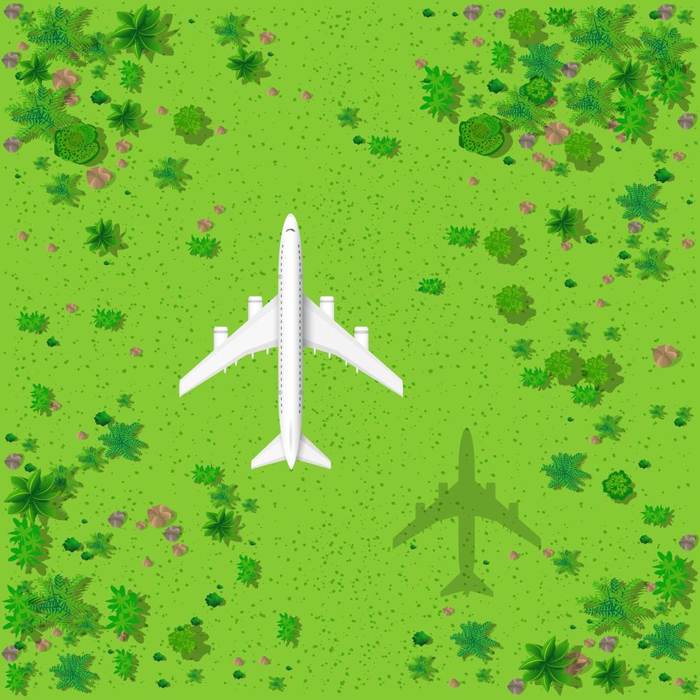 Top view of a flying plane and a green forest with trees vector