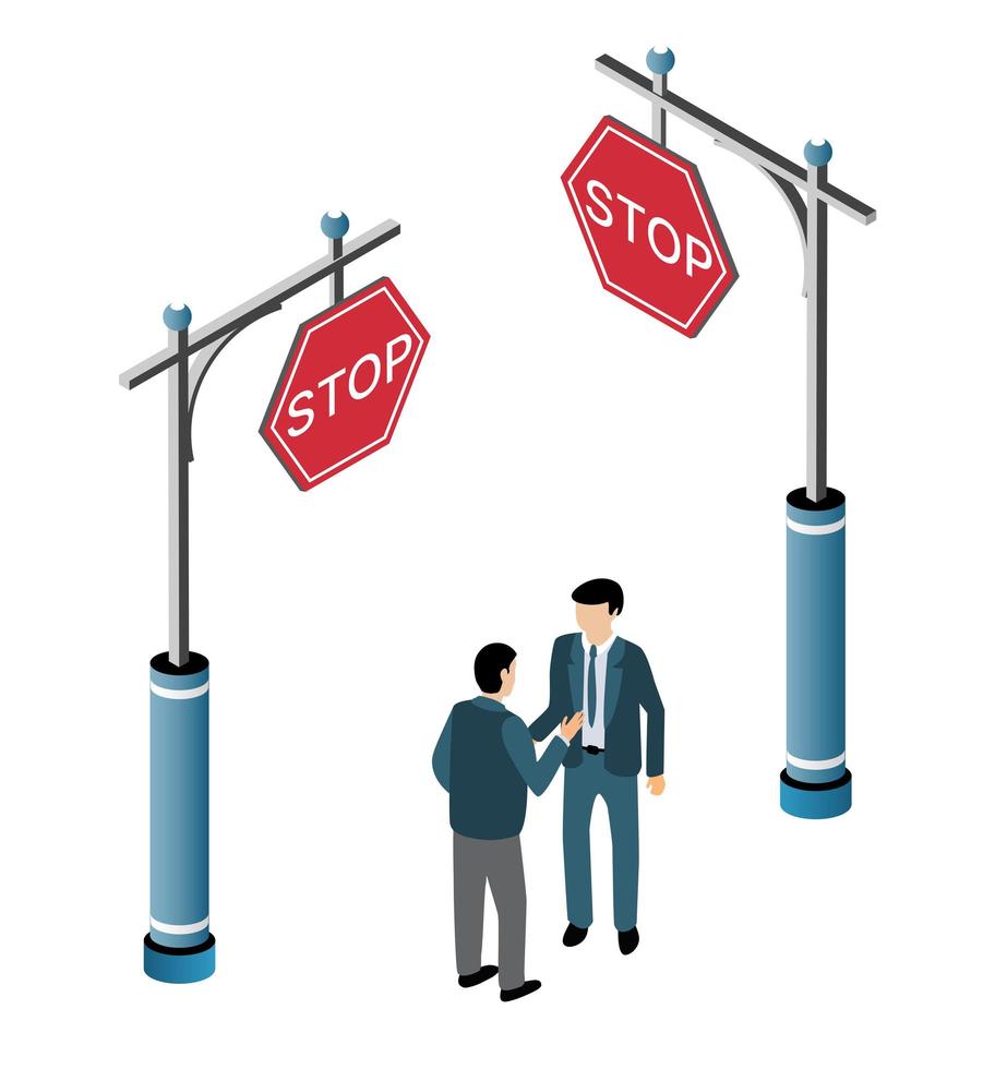 The isometric traffic signs and business people partners walking vector