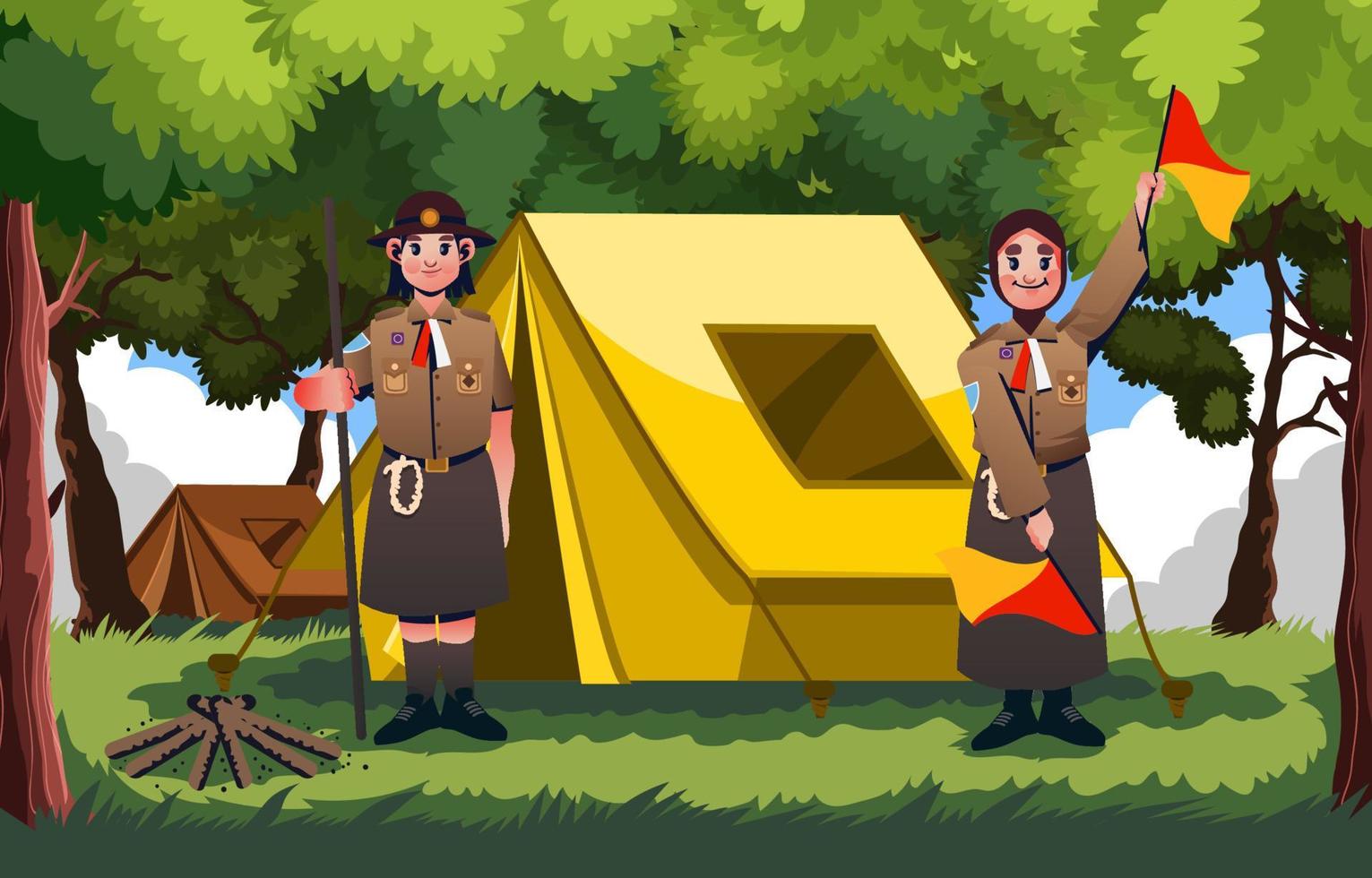 Happy Two Scout Girl in Camp vector