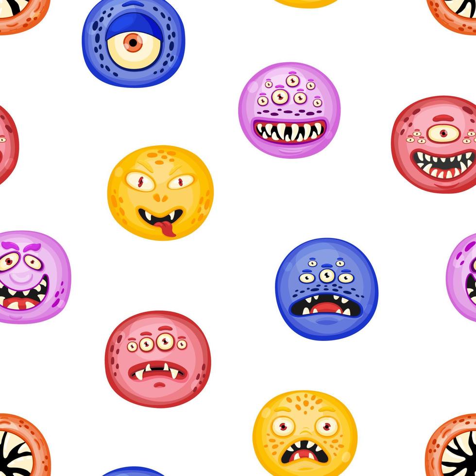 Monsters seamless pattern. Cute cartoon faces texture. Funny round face with different expressions, emotions vector background for posters, textile, print, wrapping