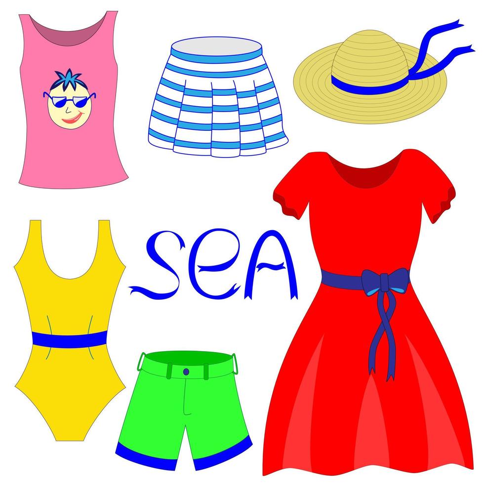 Set of women's clothing by the sea. T-shirt, skirt, straw hat, swimsuit, shorts, dress. Summer clothes with the inscription sea. Vector icons or illustrations.