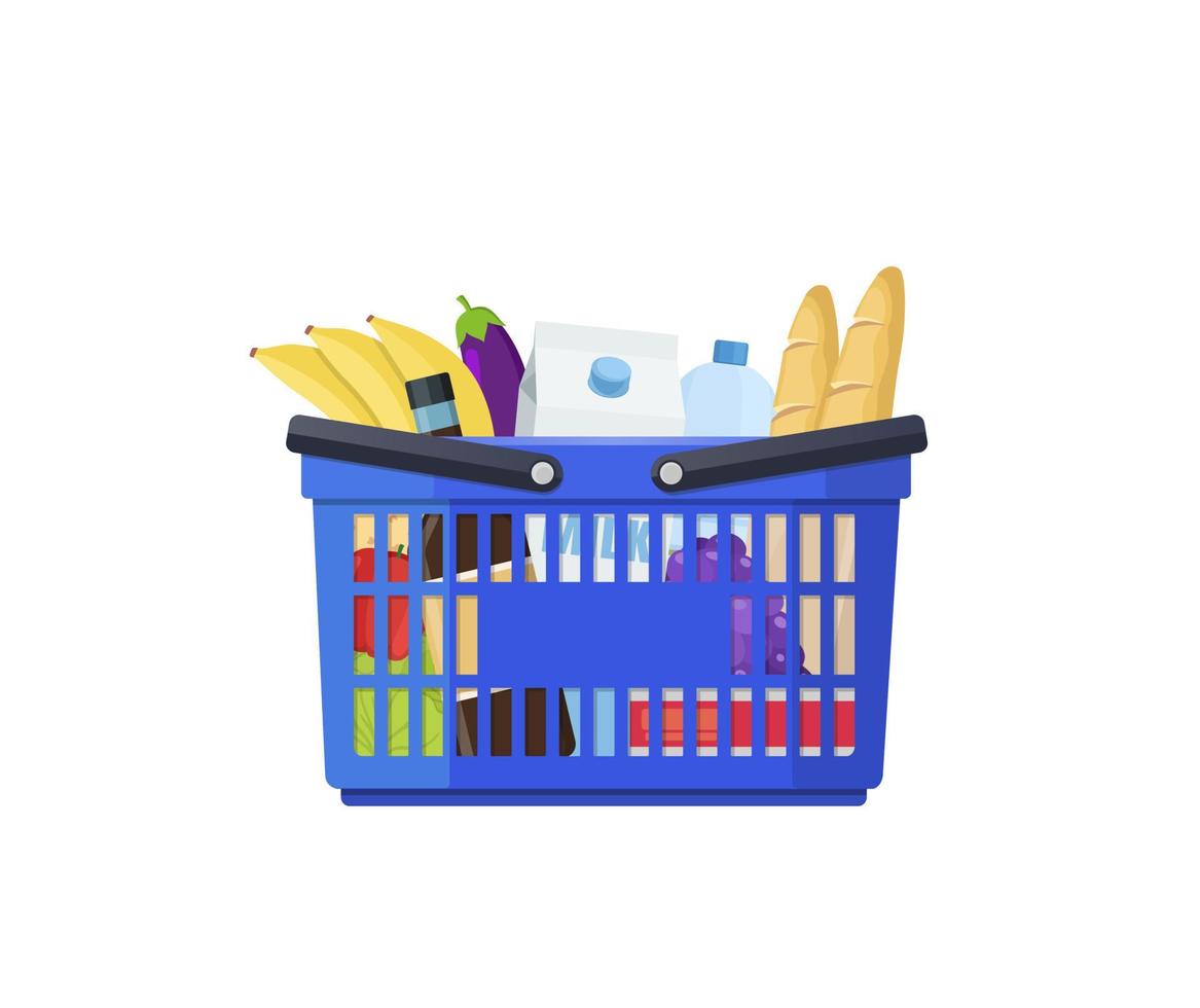 cesta de la compra azul con suministros de frutas y verduras en estilo plano vector