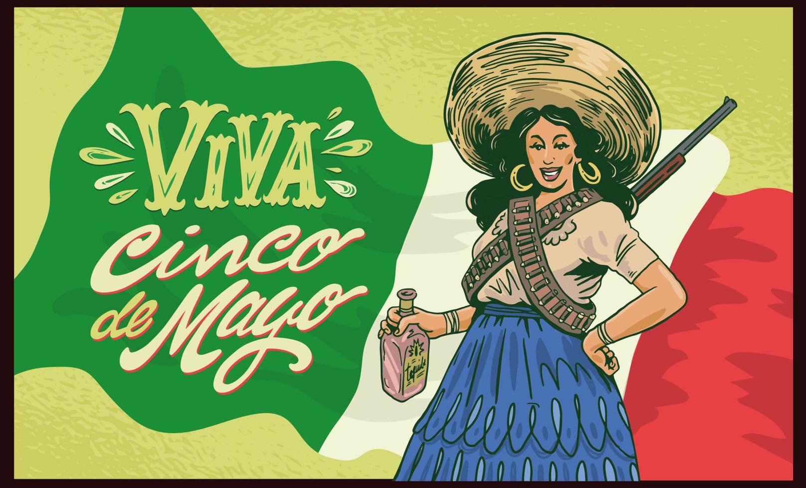 Cinco de Mayo woman with gun and tequila Viva Cinco de Mayo 2022 vector