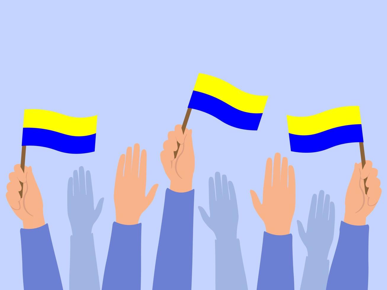 Hands raised up with national flags. The concept of the struggle for peace in Ukraine. Vector graphics.