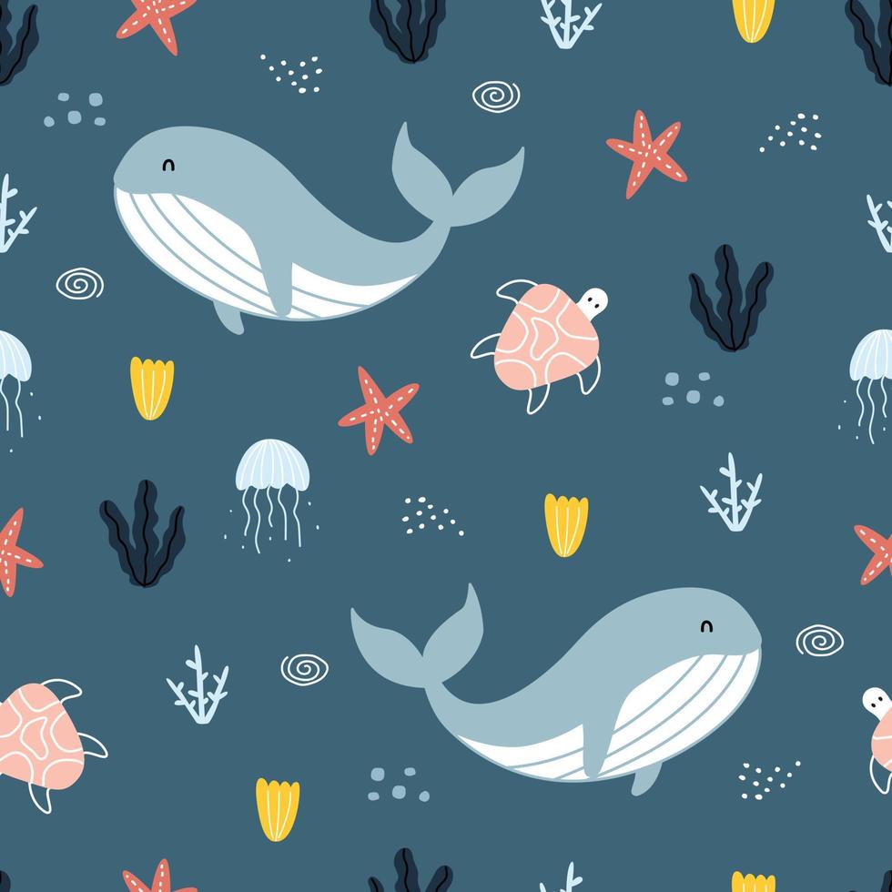 Nursery seamless pattern whale in the sea hand drawn design in cartoon style Use for textiles, prints, wallpapers, vector illustration