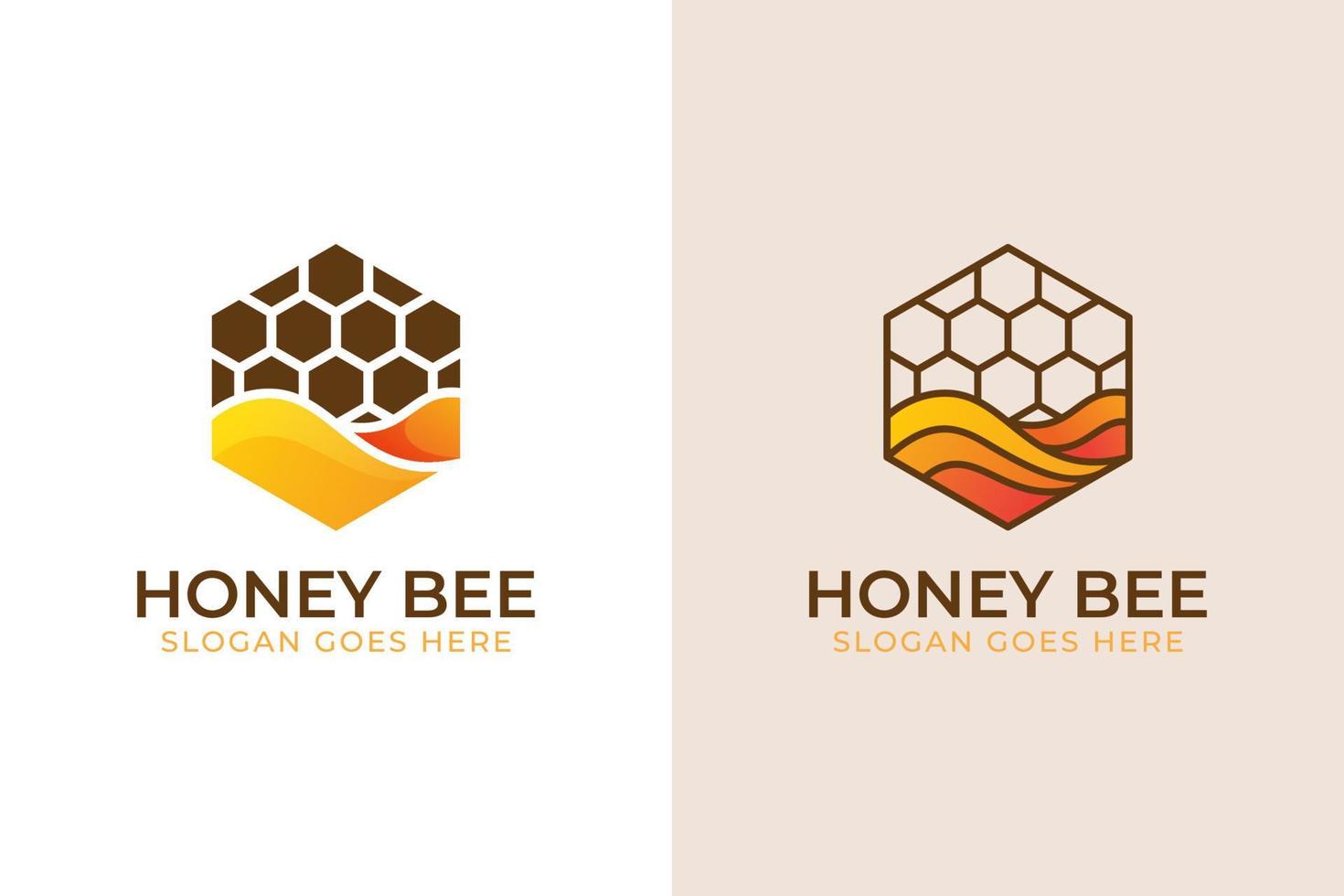hexágono moderno con logo de abeja dulce, etiquetas de miel, productos, símbolo de comida dulce dos versiones vector