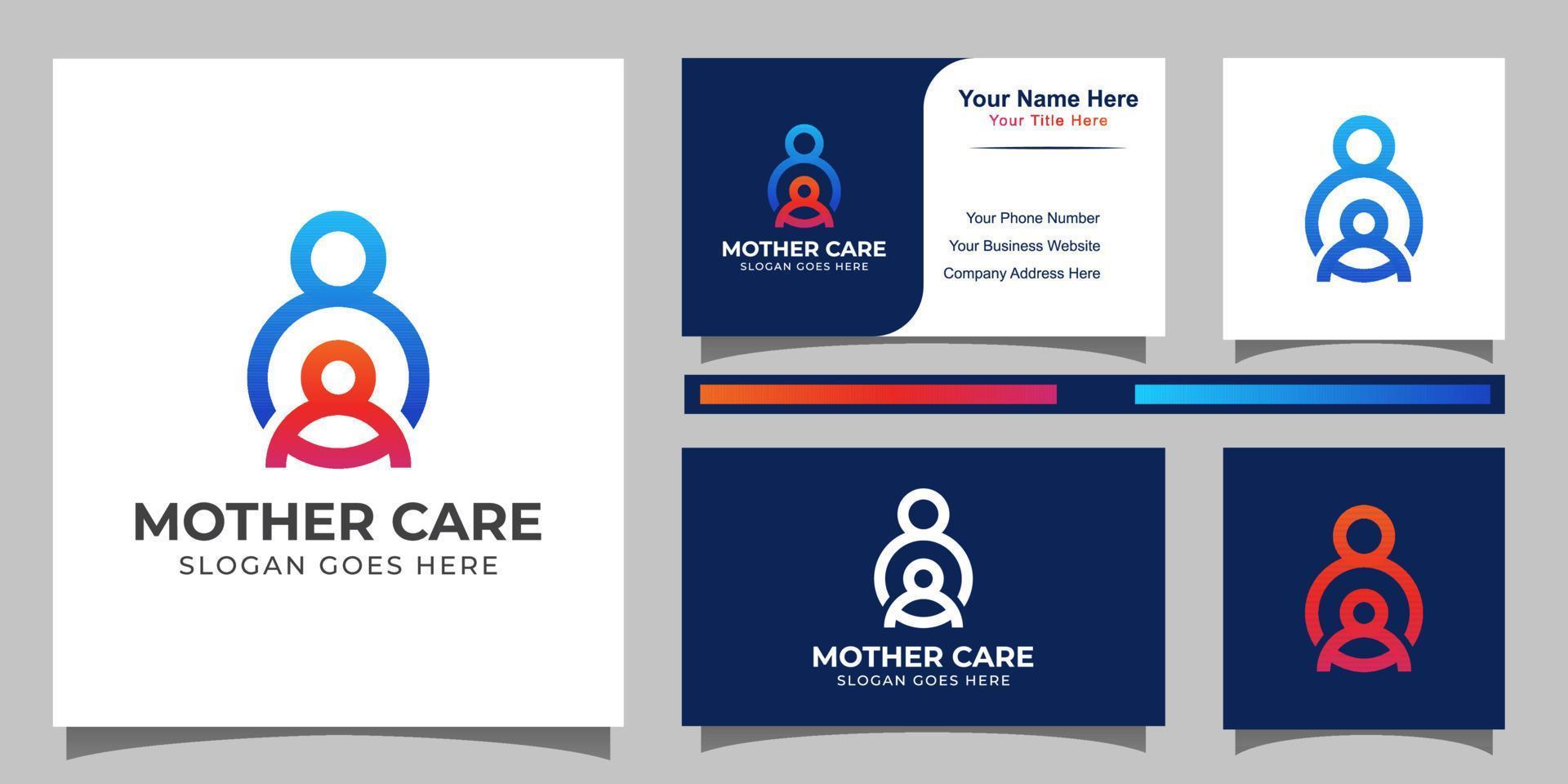 mother or father care with son line art style logo and business card design template vector