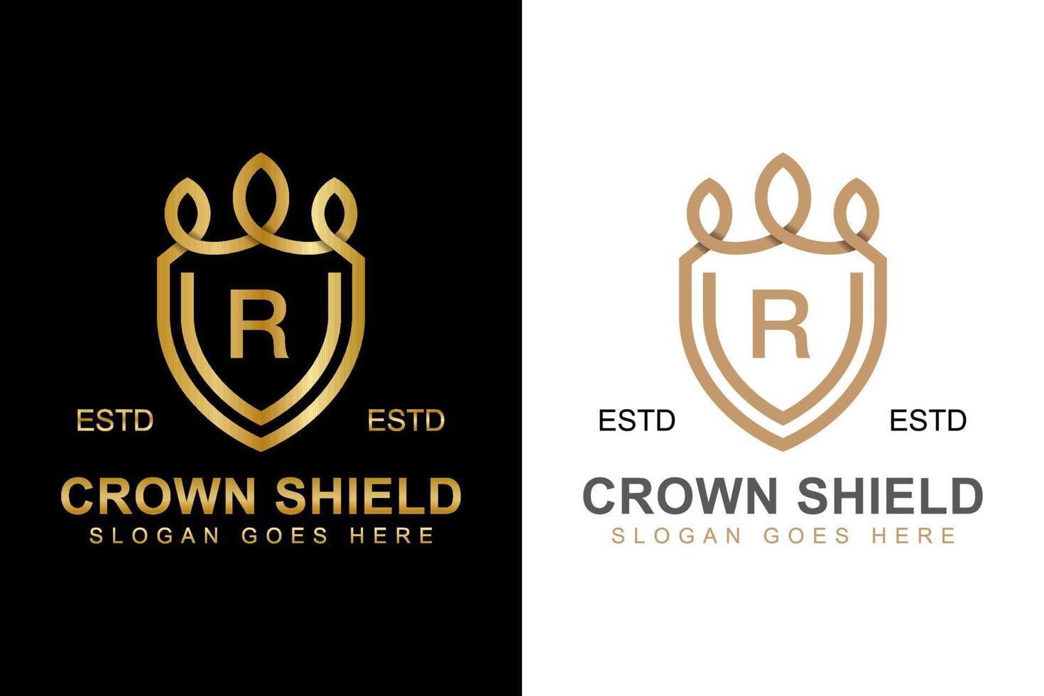 logotipo de corona y escudo de arte de línea elegante con diseño de logotipo de letra r inicial dos versiones vector