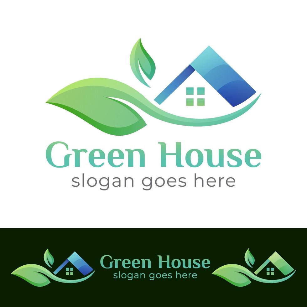 nature Green house or home with leaf logo design vector template