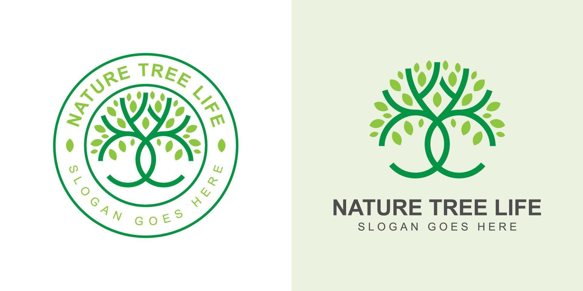 Nature tree life line art style with badge logo design vector