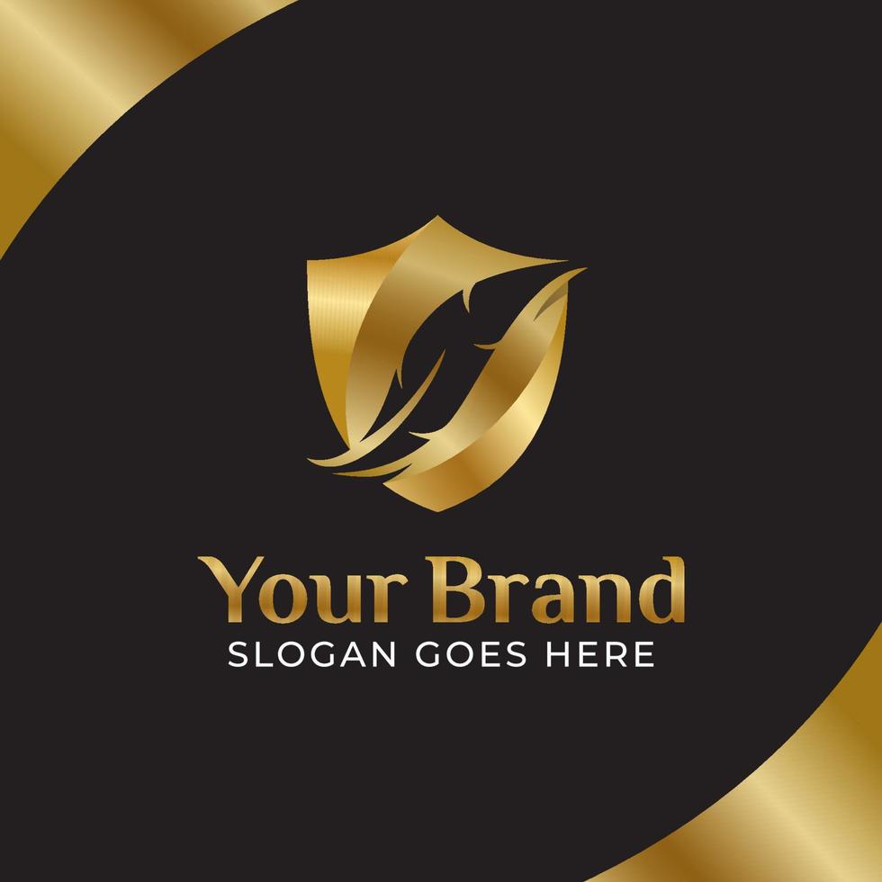golden feather law logo, law office, lawyer law firm, feather ink with shield design concepts vector
