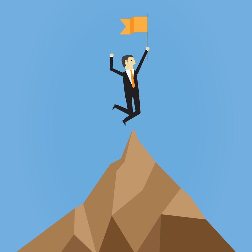 Leaders raise the flag of success on the top of the mountain vector