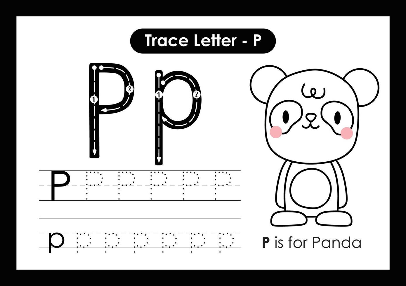 hoja de trabajo preescolar de la letra a a la z del alfabeto con la letra p panda vector