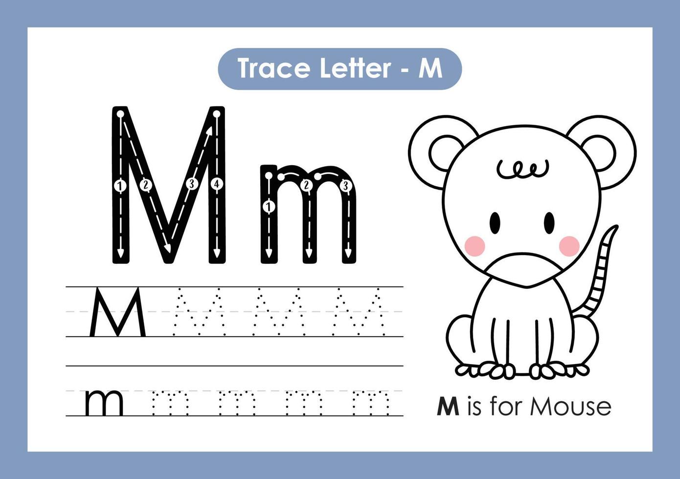 Alphabet Trace Letter A to Z preschool worksheet with Letter M Mouse vector