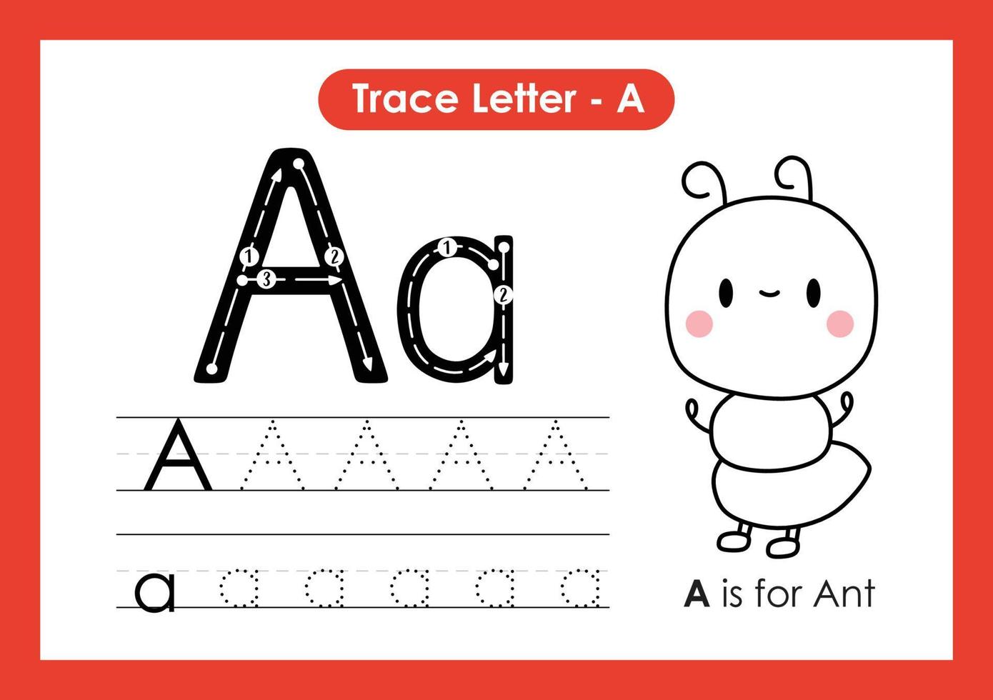Alphabet Trace Letter A to Z preschool worksheet with Letter A Ant vector