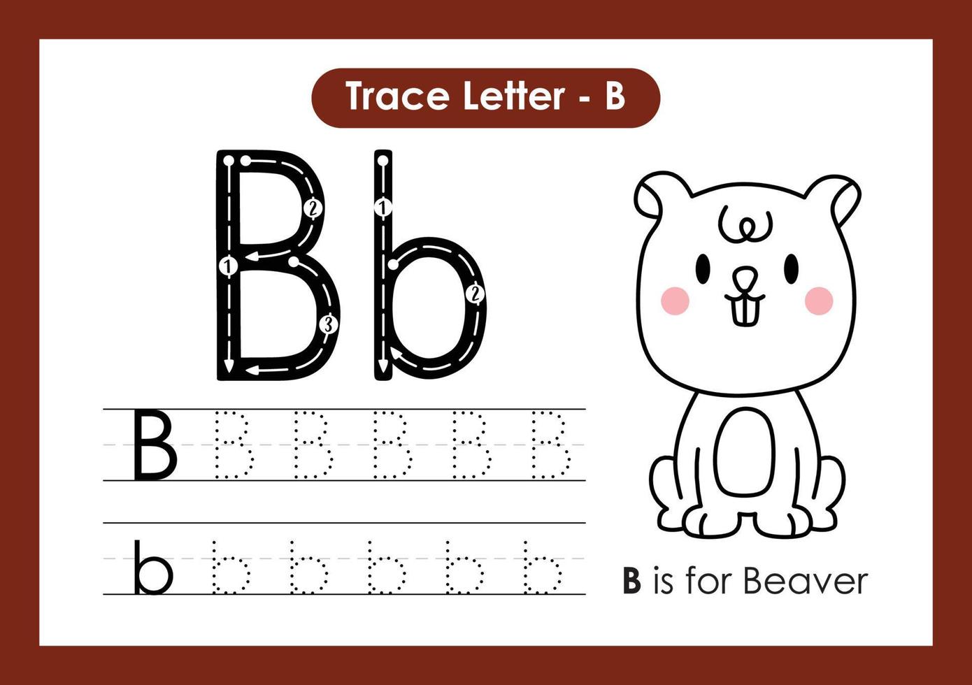 hoja de trabajo preescolar de la letra a a la z del alfabeto con la letra b castor vector