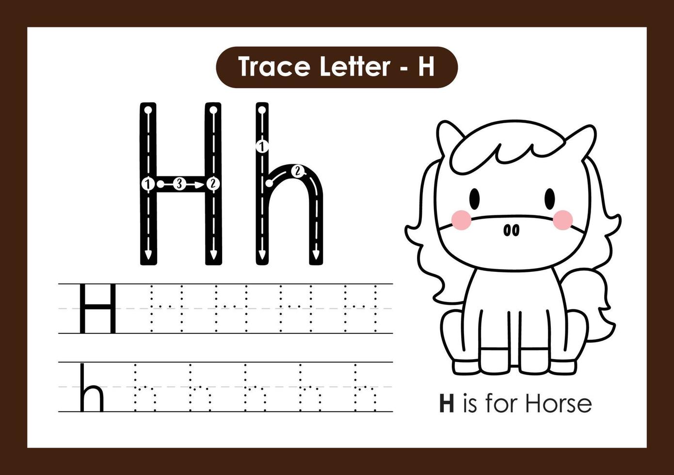 Alphabet Trace Letter A to Z preschool worksheet with Letter H Horse vector