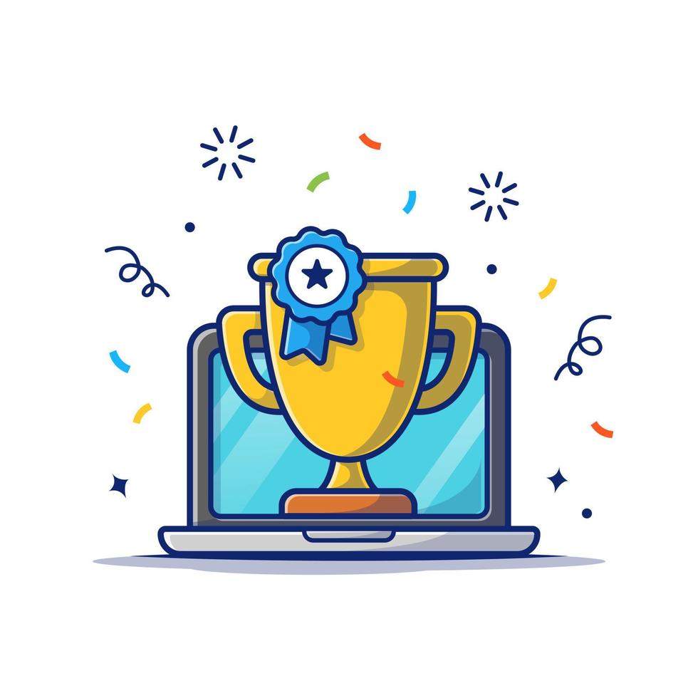 Gold Trophy Badge With Laptop   Cartoon   Vector Icon Illustration. Education Technology Icon Concept Isolated Premium Vector. Flat Cartoon Style