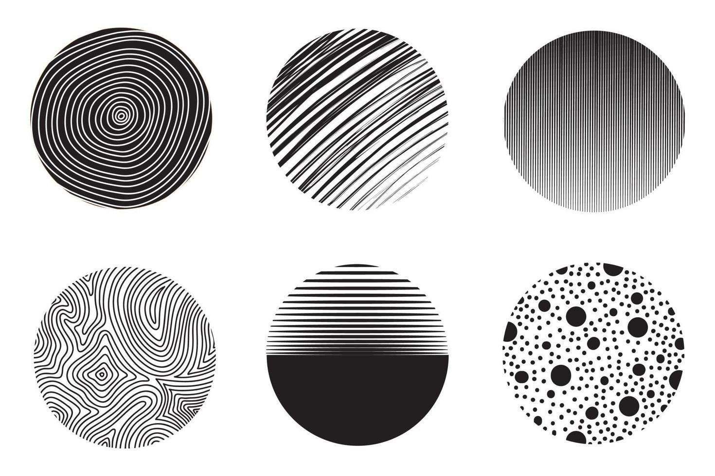 Set of round Abstract black Backgrounds or Patterns. Hand drawn doodle shapes. Spots, drops, curves, Lines. Contemporary modern trendy Vector illustration. Posters, Social media Icons templates