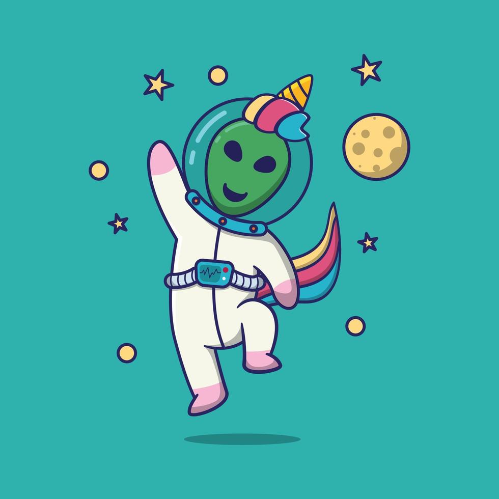 lindo alienígena disfrazado de unicornio, adecuado para libros infantiles, tarjetas de cumpleaños, día de san valentín, pegatinas, portadas de libros, tarjetas de felicitación, impresión. vector