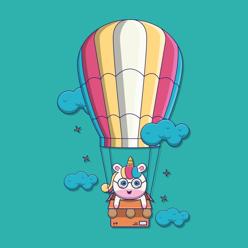 cute unicorn fly with balloons, suitable for children's books, birthday cards, valentine's day, stickers, book covers, greeting cards, printing. vector