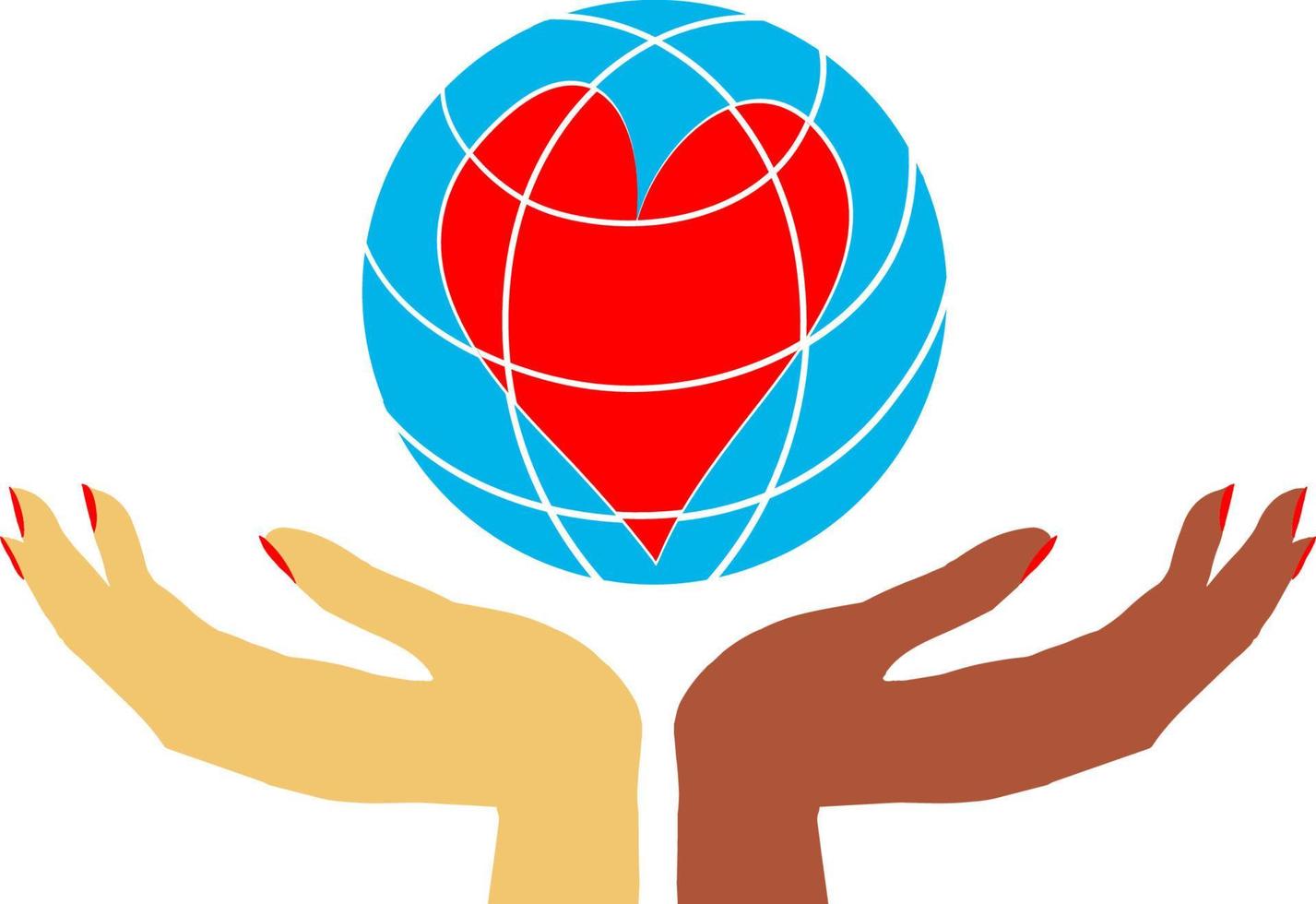 Two hands, women's hands different flowers hold the globe with the heart. vector