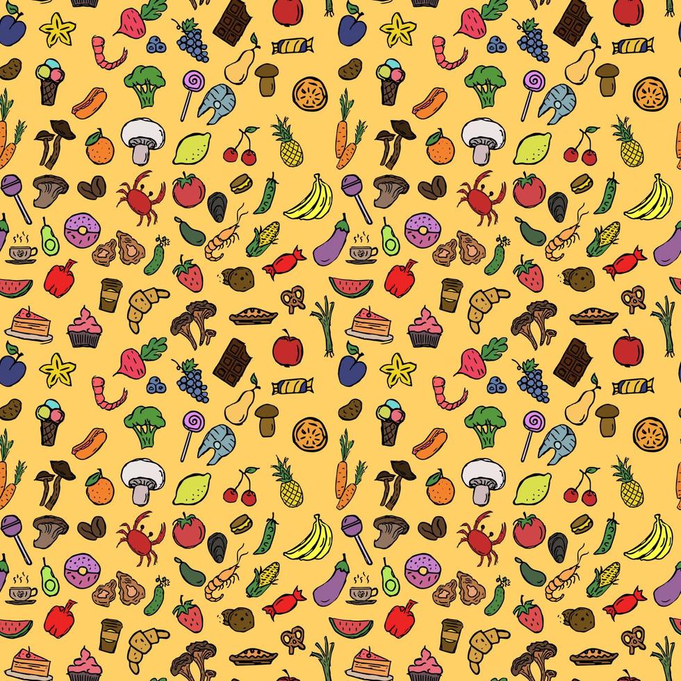 vector food icons. seamless pattern with food icons. icons of seafood, mushrooms, sweets, vegetables and fruits.