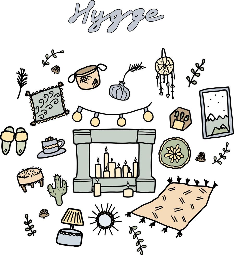 Hygge set. Soft palette of hygge colors. Interior items in the Scandinavian style. vector