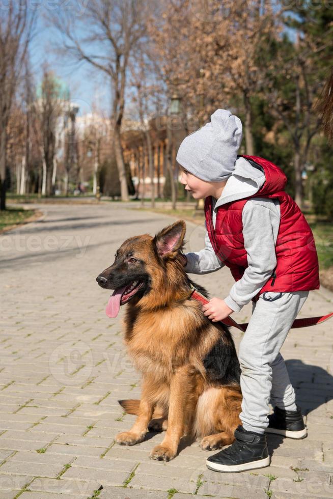 boy walking with a pet photo