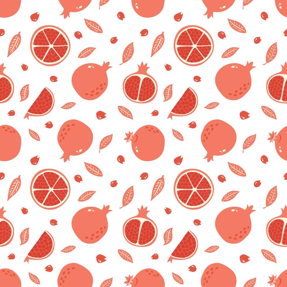 Red Garnet Seamless Pattern. Half, Slice and Whole Pomegranate Background. Hand Drawn fresh fruit ornament for wallpaper, textile, wrapping paper, menu, Juice package and interior design vector