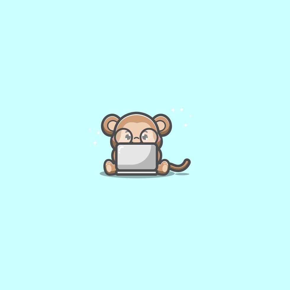 lindo mono usando laptop vector