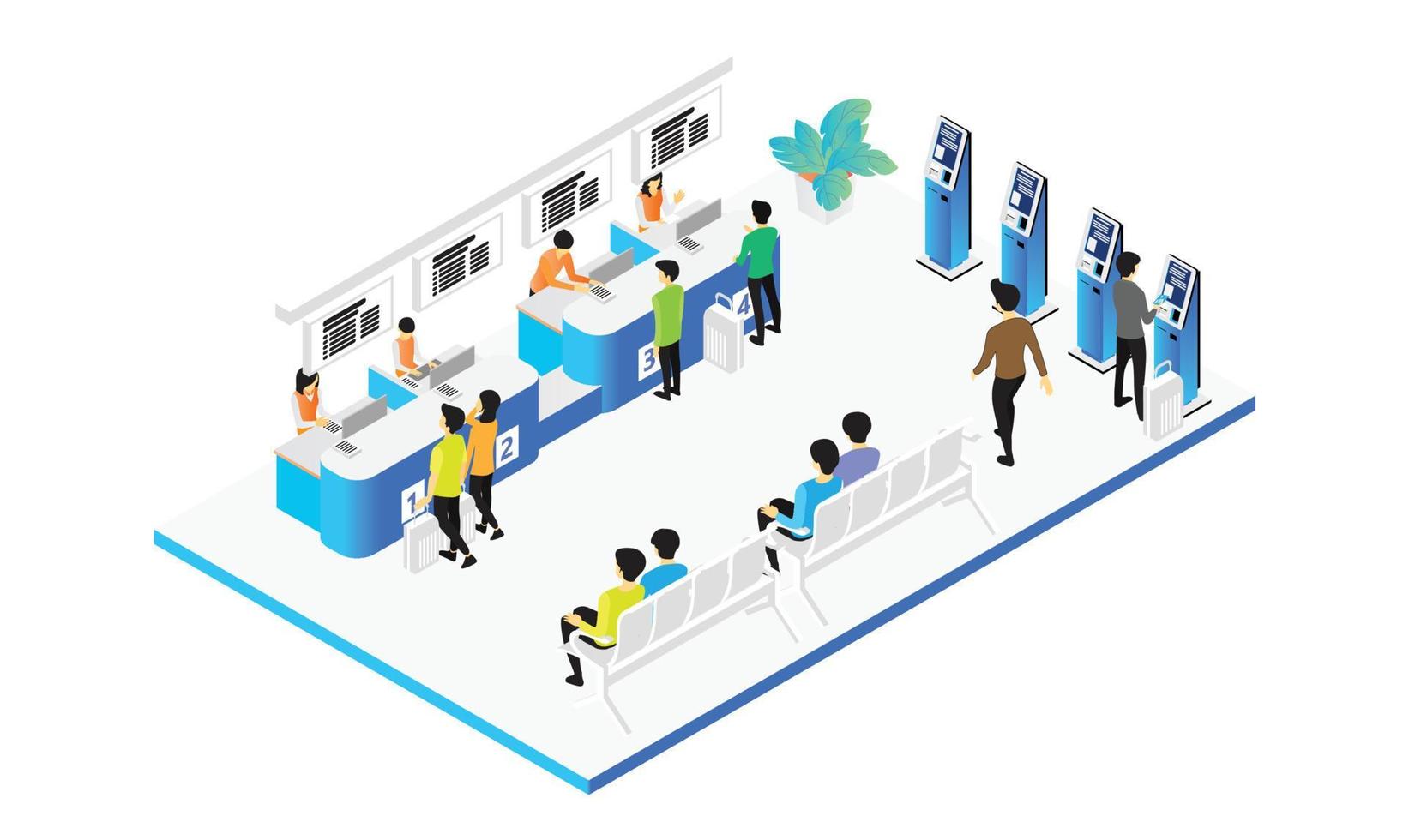 Isometric style illustration of customer service desk with several employees working vector