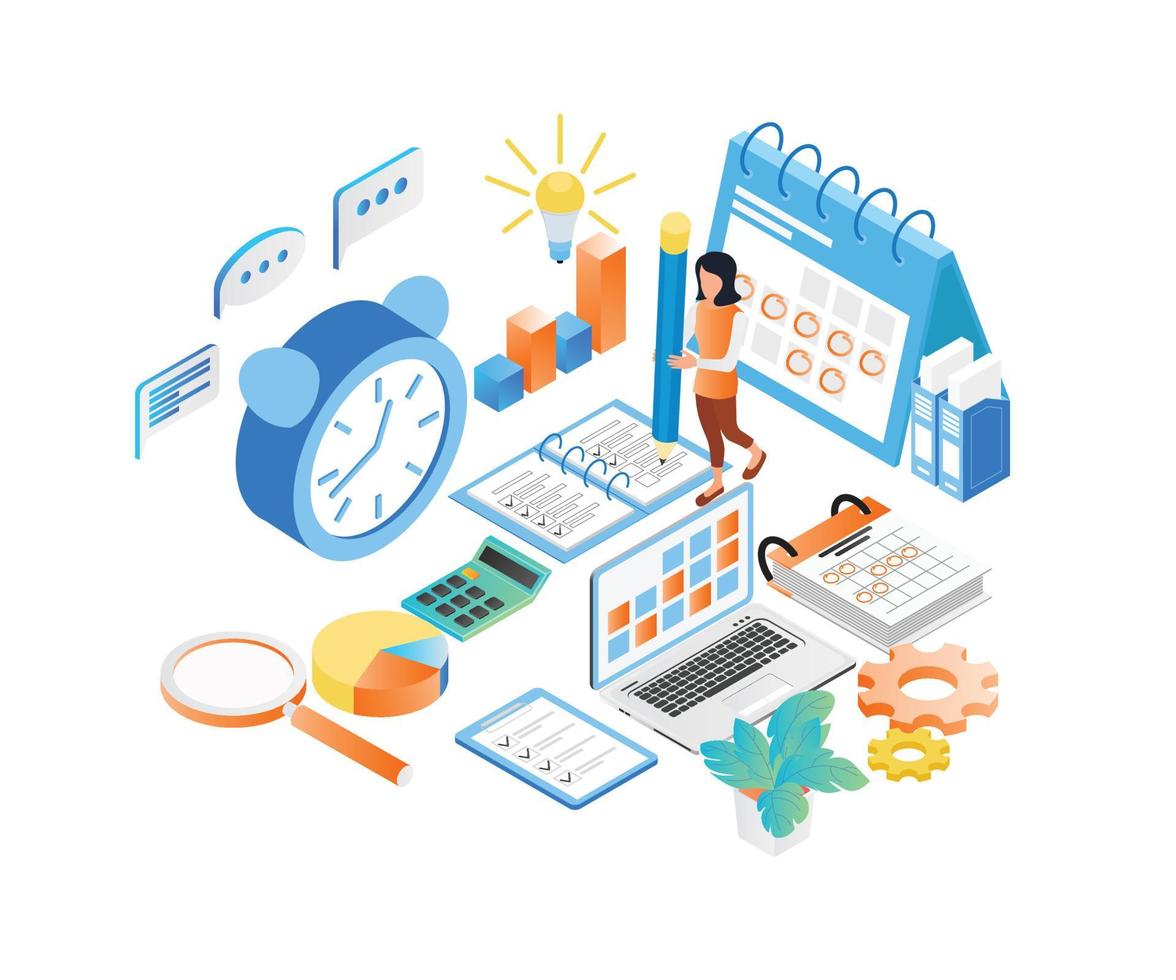 Isometric style illustration of business planning schedule with characters and date vector