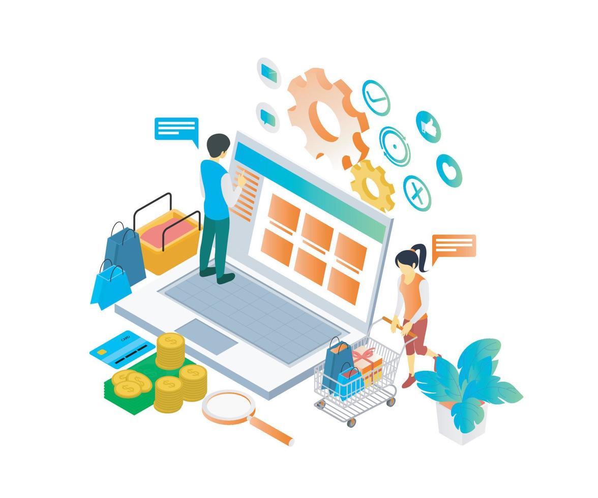 Isometric style illustration of a man shopping in an online store on his laptop vector