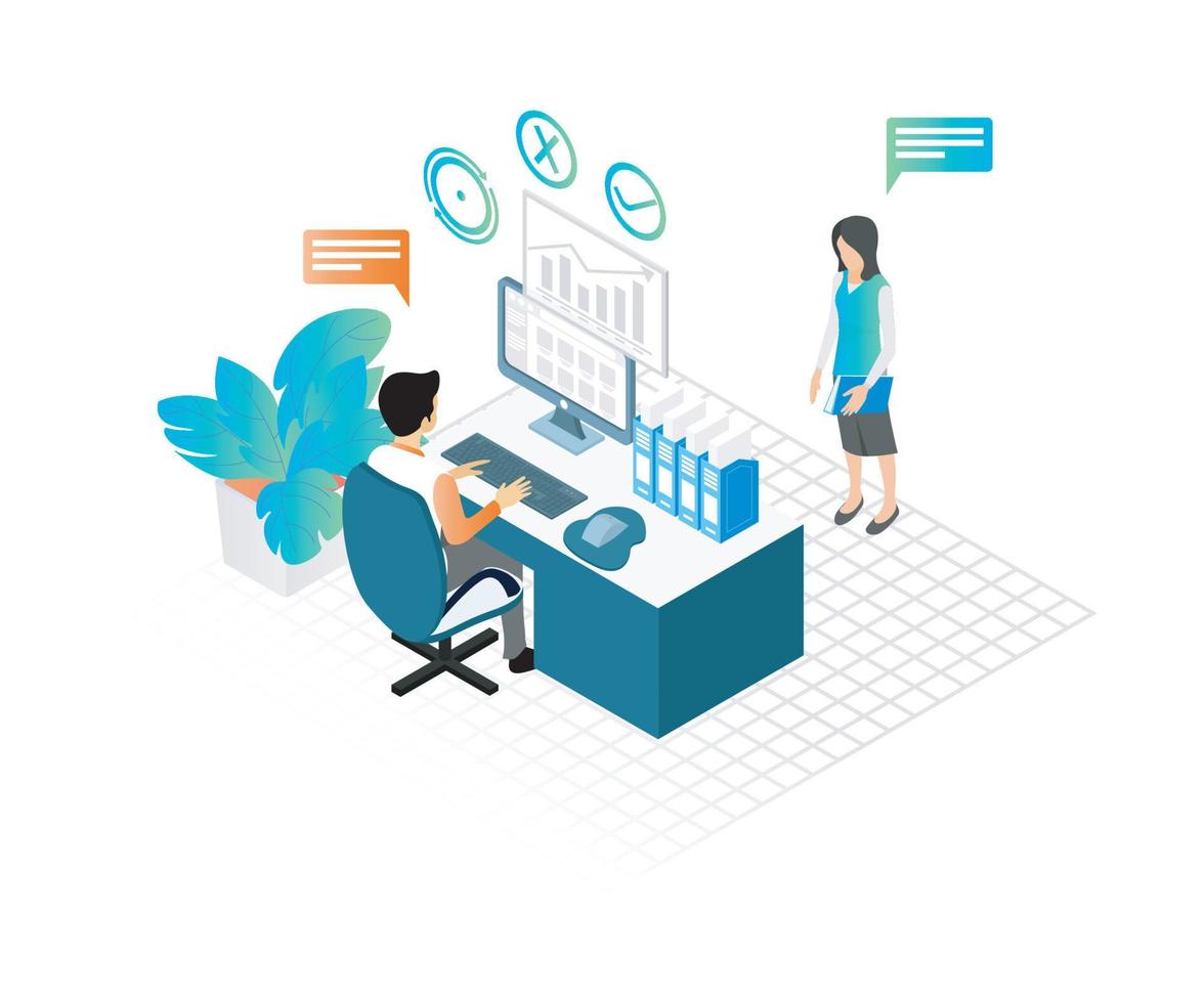 Isometric style illustration of a man and woman working in an office vector