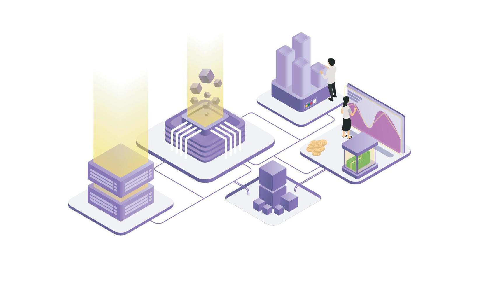 Isometric style illustration about a team of business workers completing their respective jobs vector