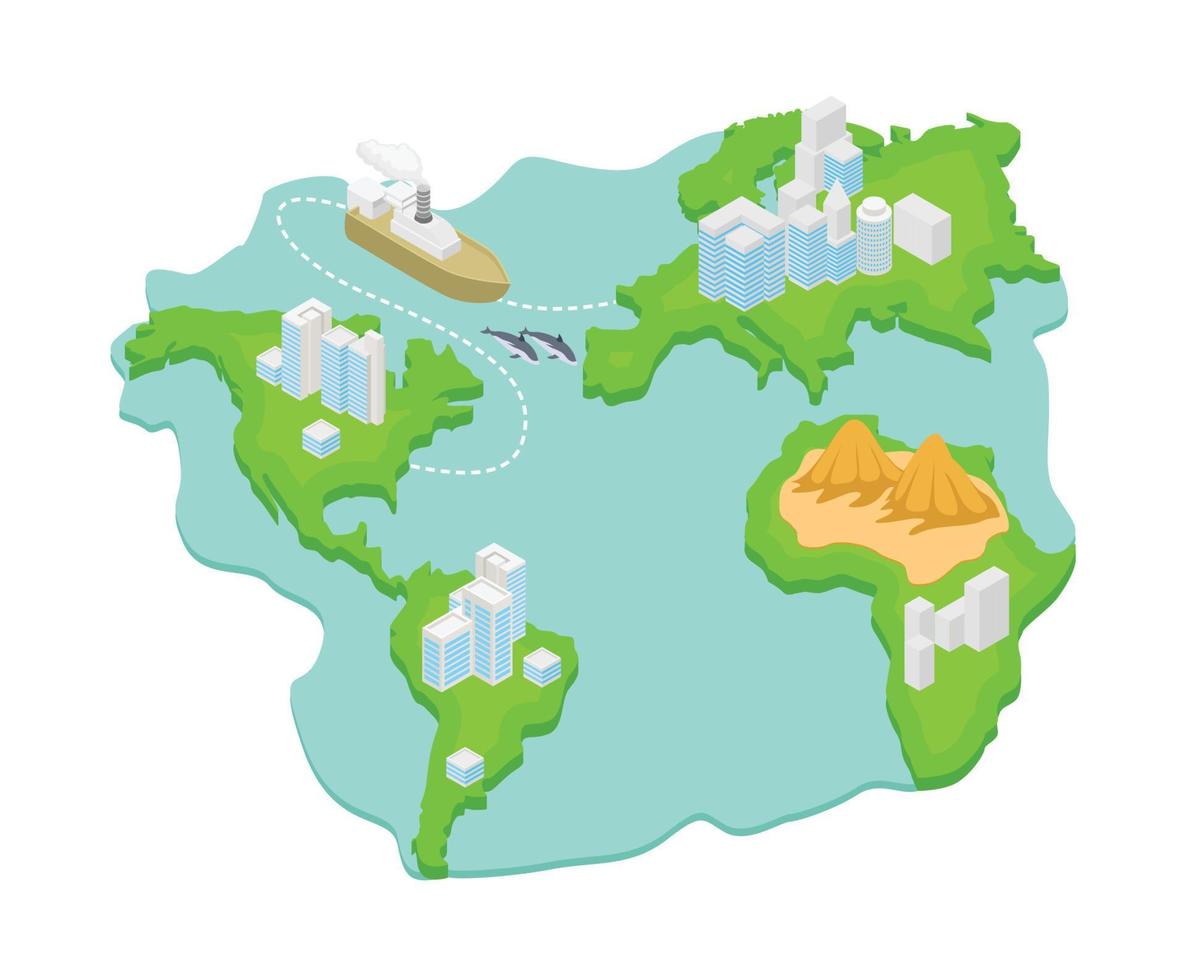 Isometric style illustration about a map of the islands between countries with passing ships vector