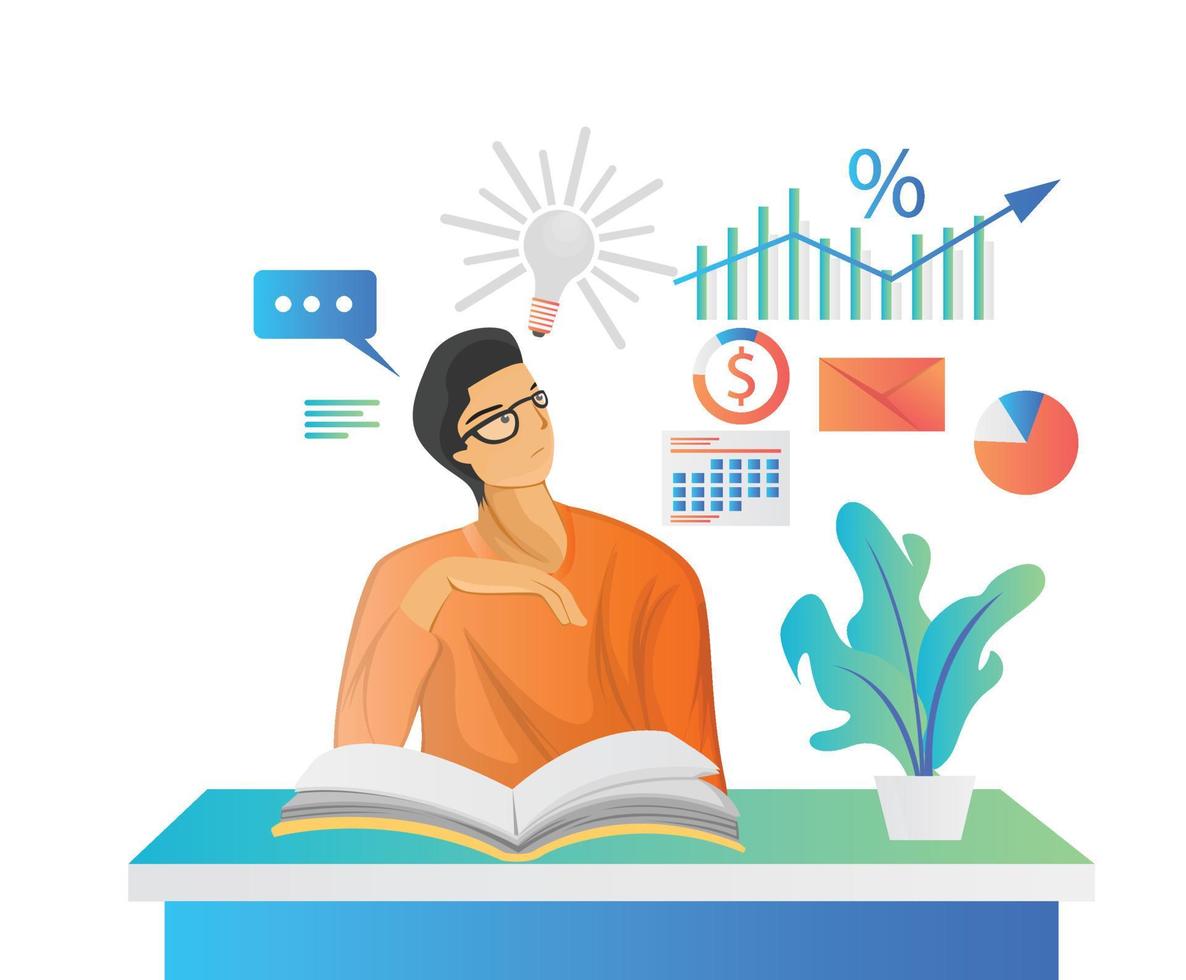 Isometric style illustration of a man reading a book and getting a business idea vector