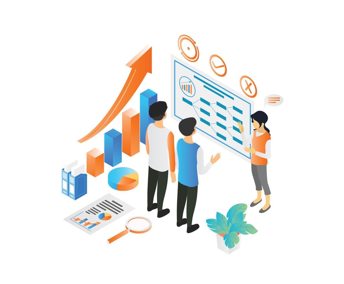 Isometric style illustration of business data analysis results presentation vector