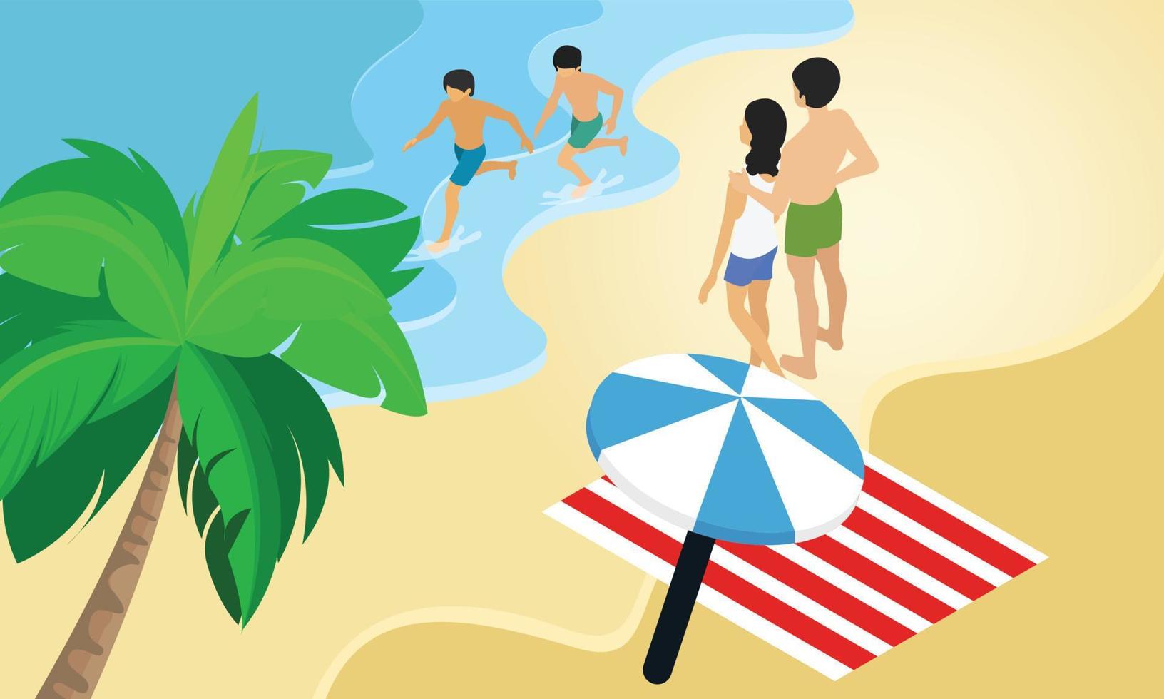 ilustración de estilo isométrico de vacaciones a la playa con amigos vector