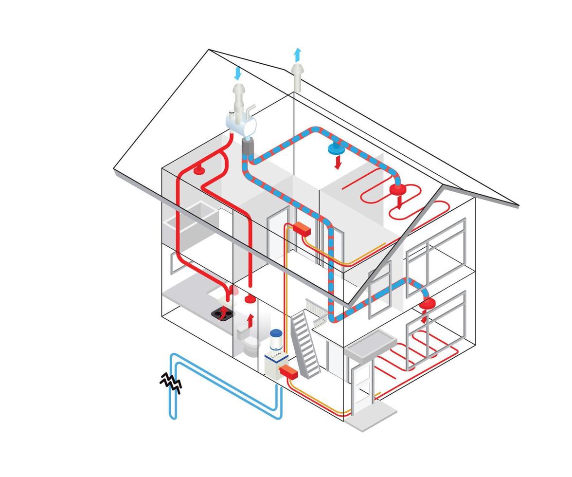 Isometric style illustration of heating pipe installation flow vector