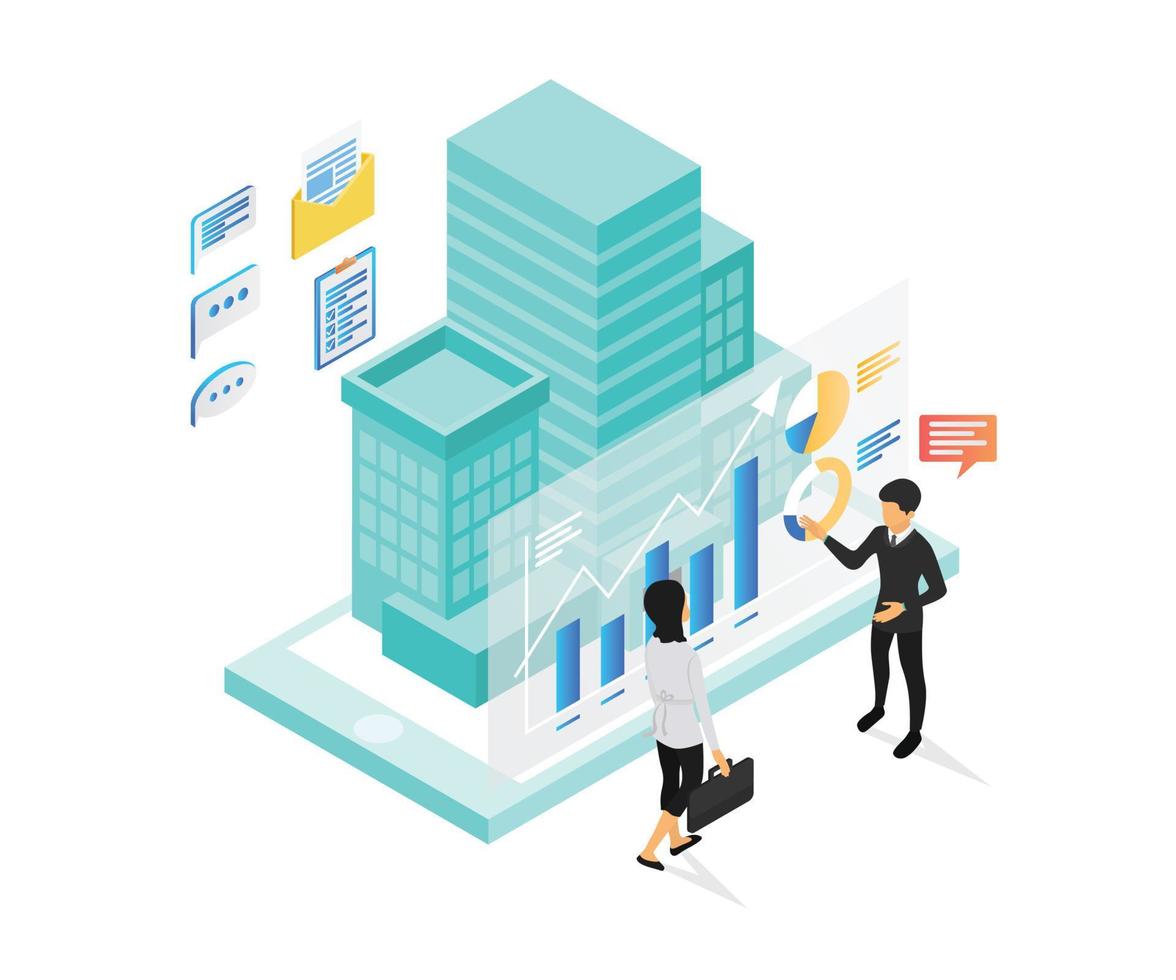 ilustración de estilo isométrico del análisis de datos comerciales de oficina vector