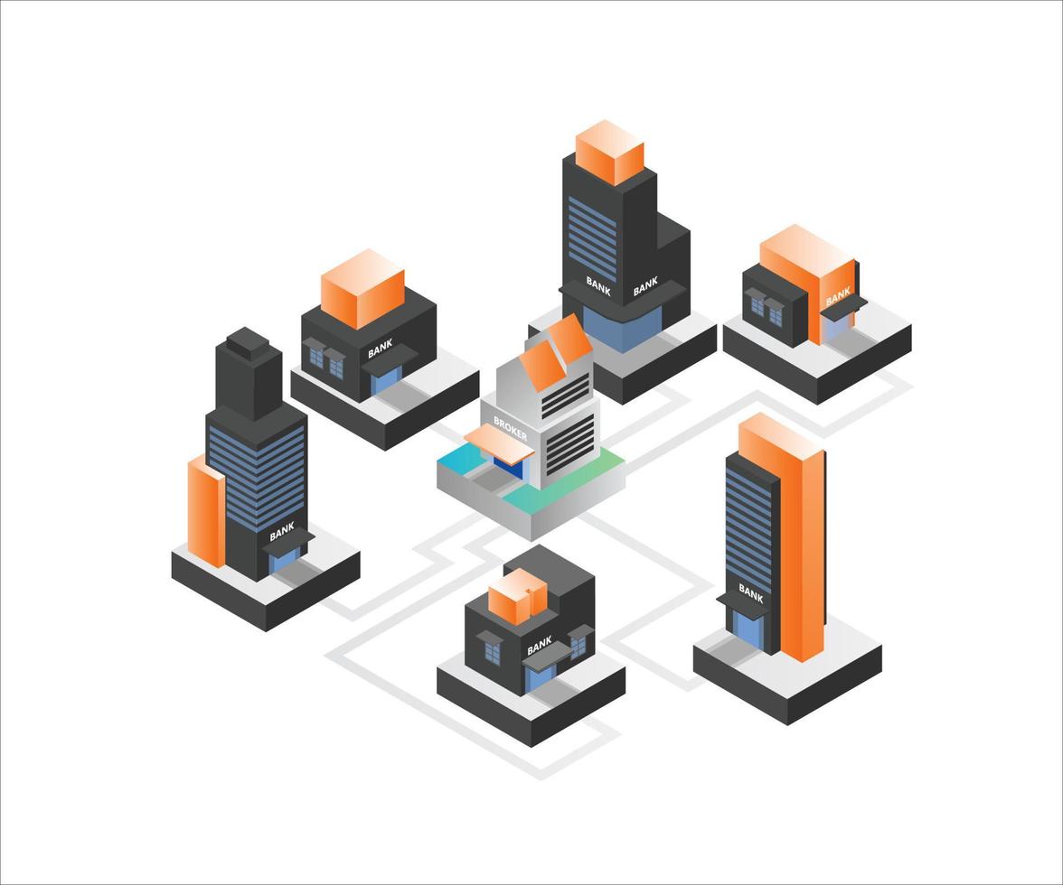Isometric style illustration of broker and banking vector