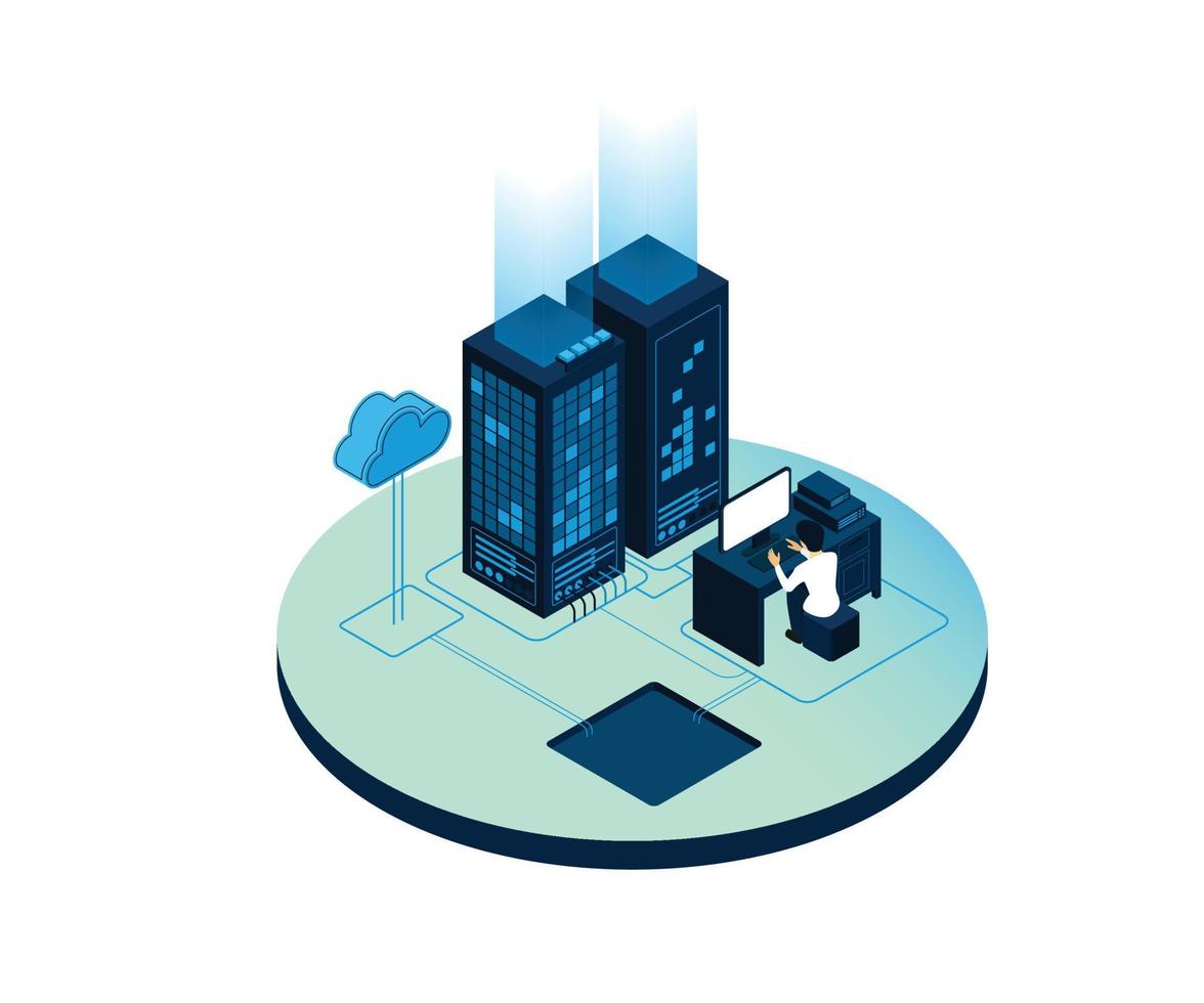 Isometric style illustration of cloud storage with big server vector