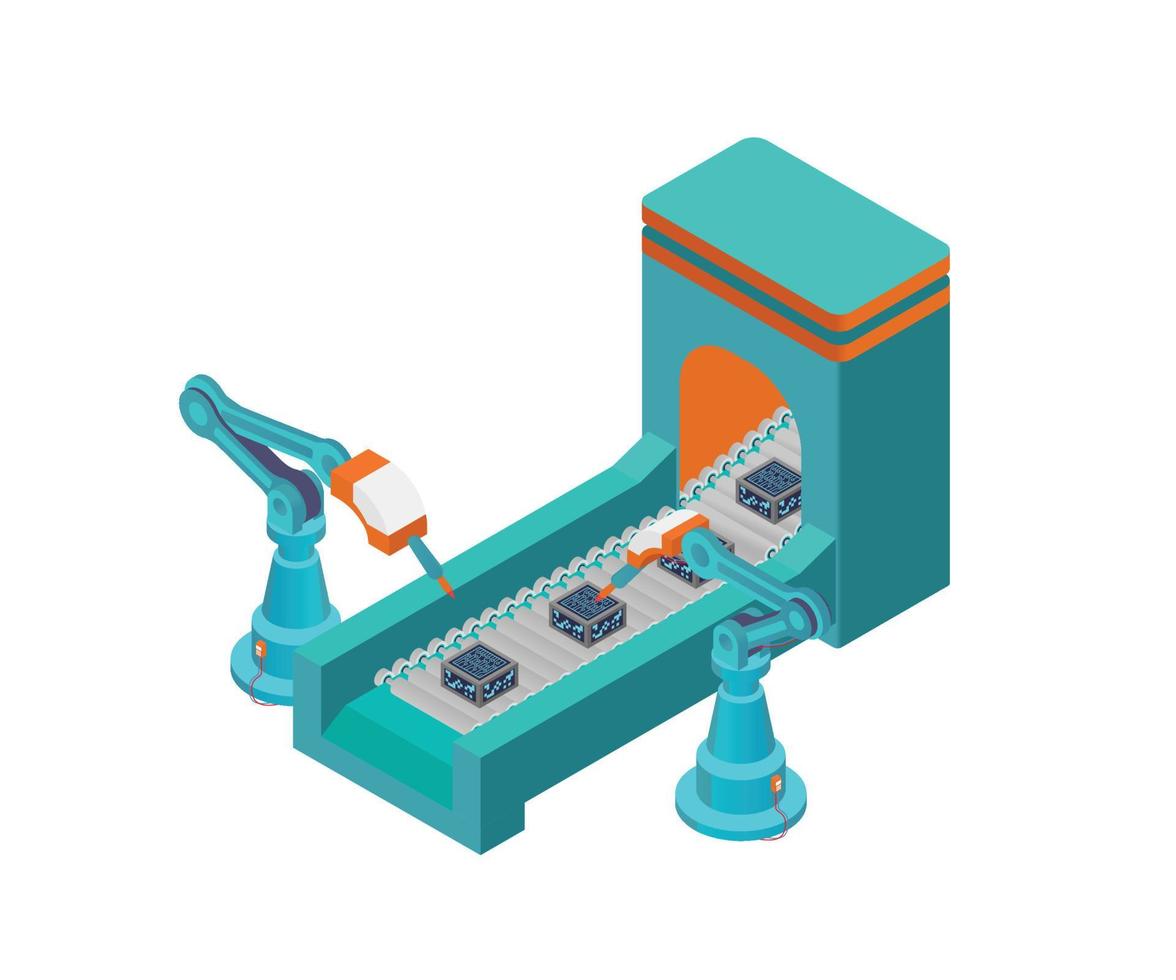 Isometric style illustration of a conveyor machine working with a robot vector