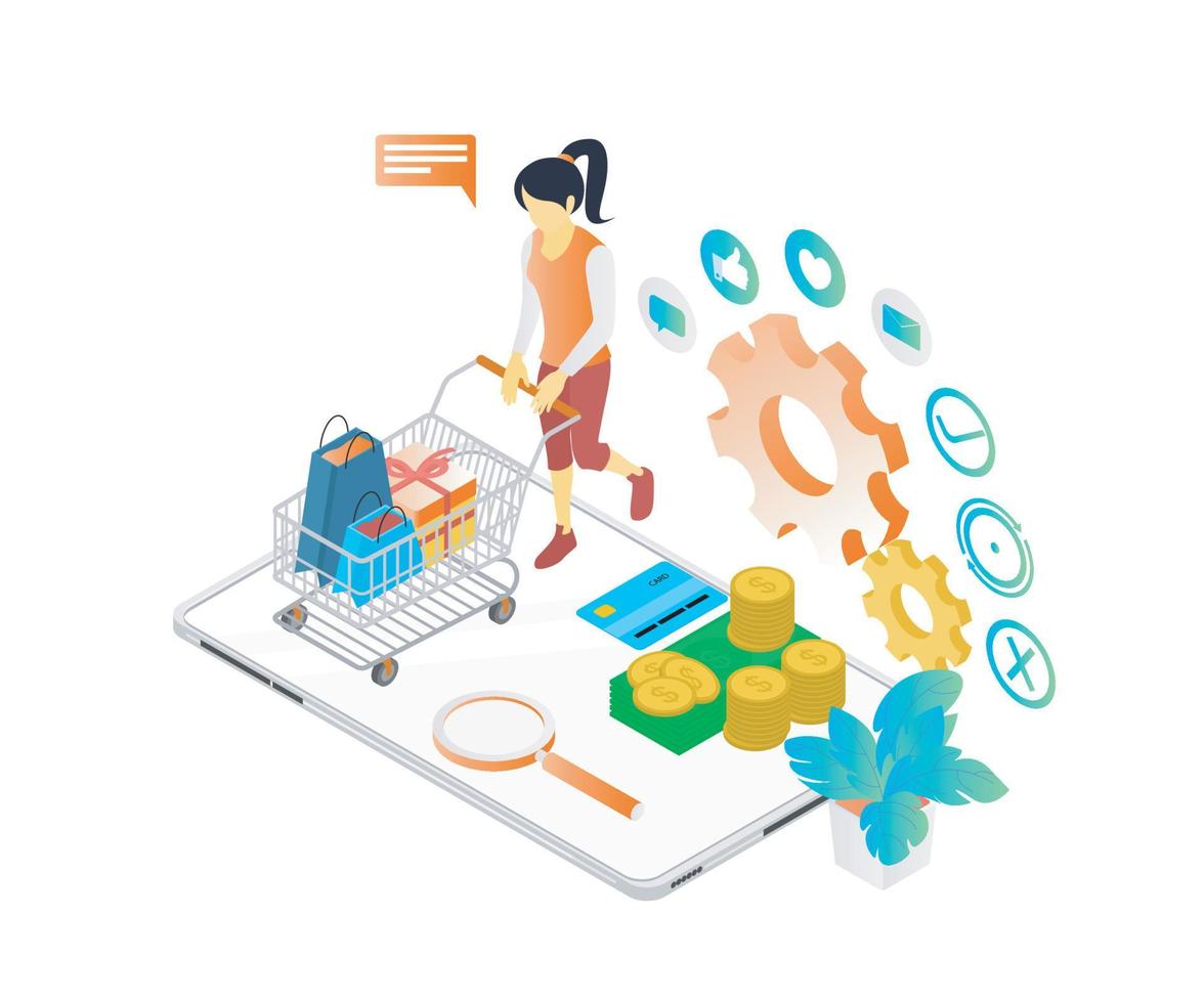 Isometric style illustration about a woman shopping in an online store on his smartphone vector