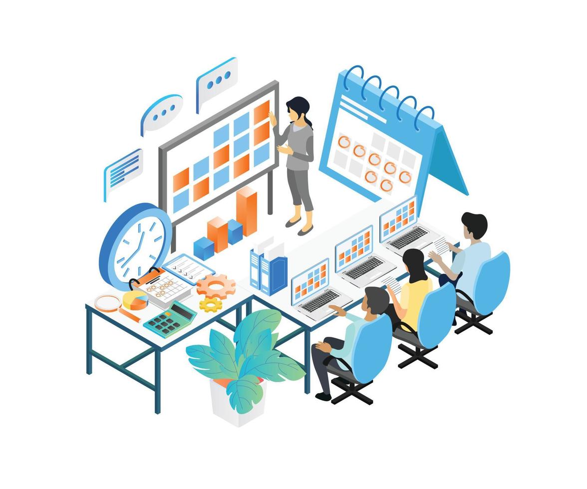 Isometric style illustration about a business team having a business growth meeting and discussion vector