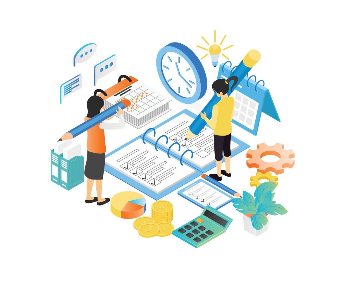 Isometric style illustration of business planning schedule with characters and date vector