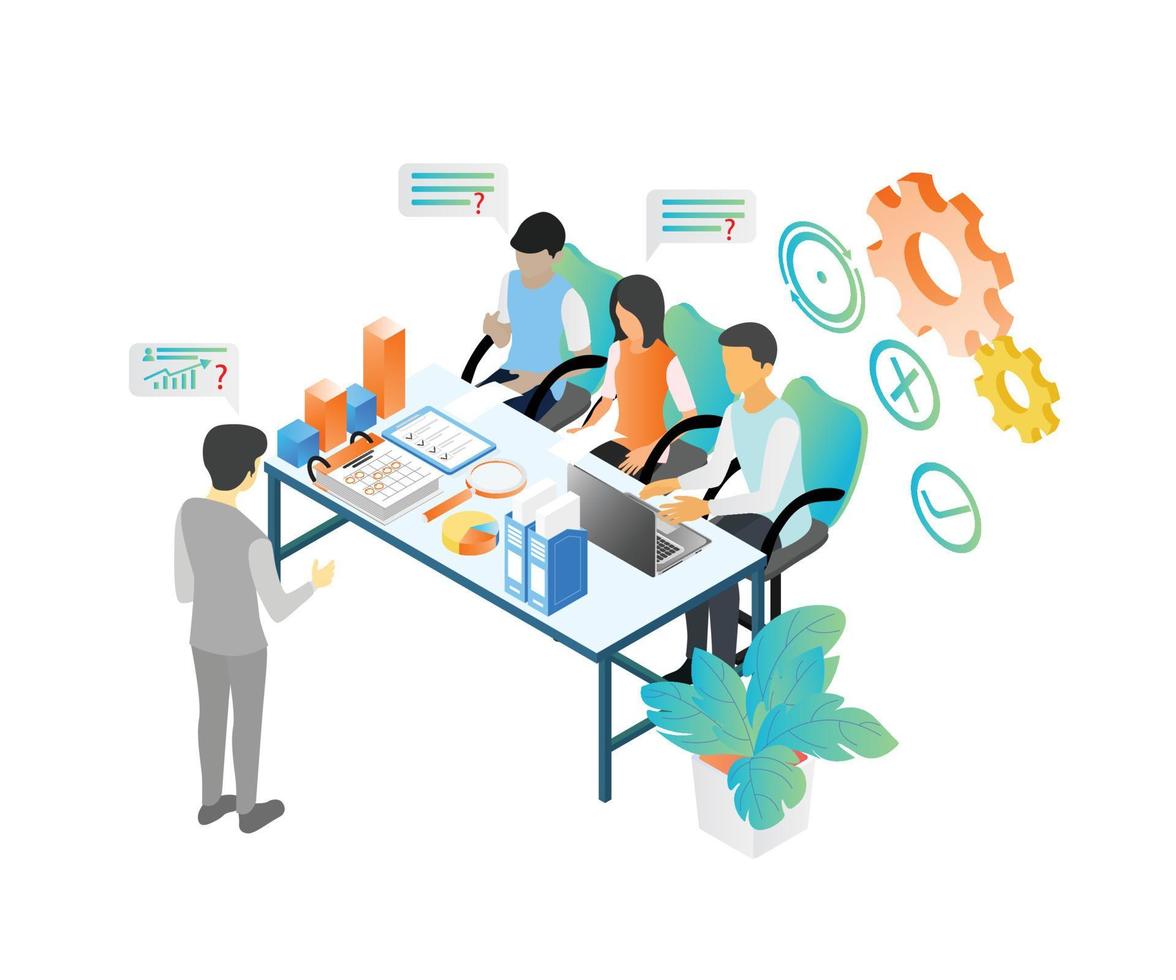 Isometric style illustration about a business team having a business growth meeting and discussion vector